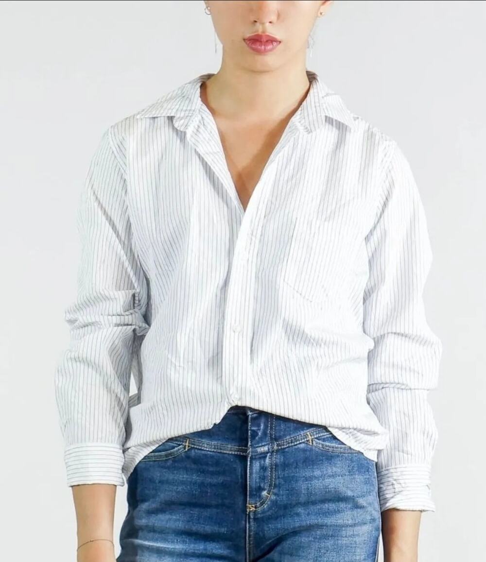 Frank & Eileen Barry pinstriped poplin button down blouse size medium